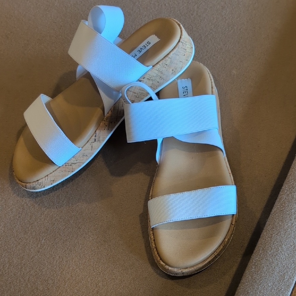Brand New! Steve Madden Women's White Stretchy Strap Sandals with Cork Sole Sz9
